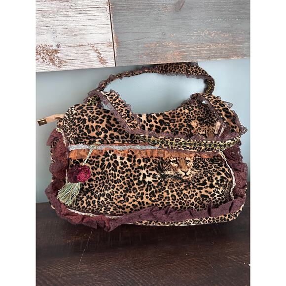 Vintage Shabby Chic Handmade Cheetah Embroidered Lace  Rose Shoulder Bag - Picture 3 of 6